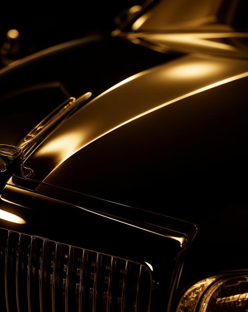Extreme close-up of a luxury car's polished hood reflecting warm gold studio lights